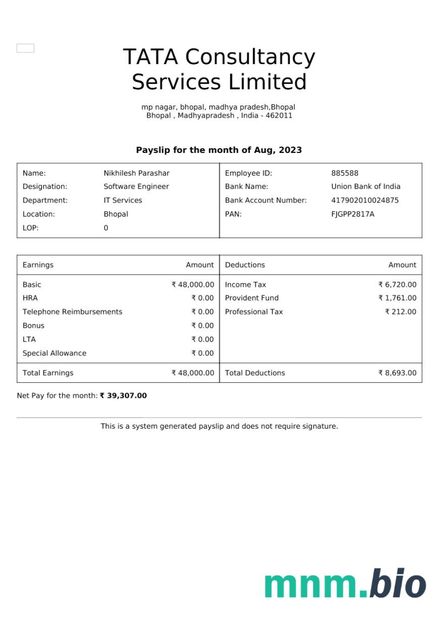 TATA Consultancy Services payslip template in Word and PDF formats, version 2